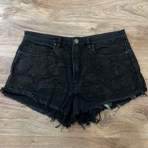 Blank NYC Black Embroidered Floral Raw Hem Distressed Denim Shorts